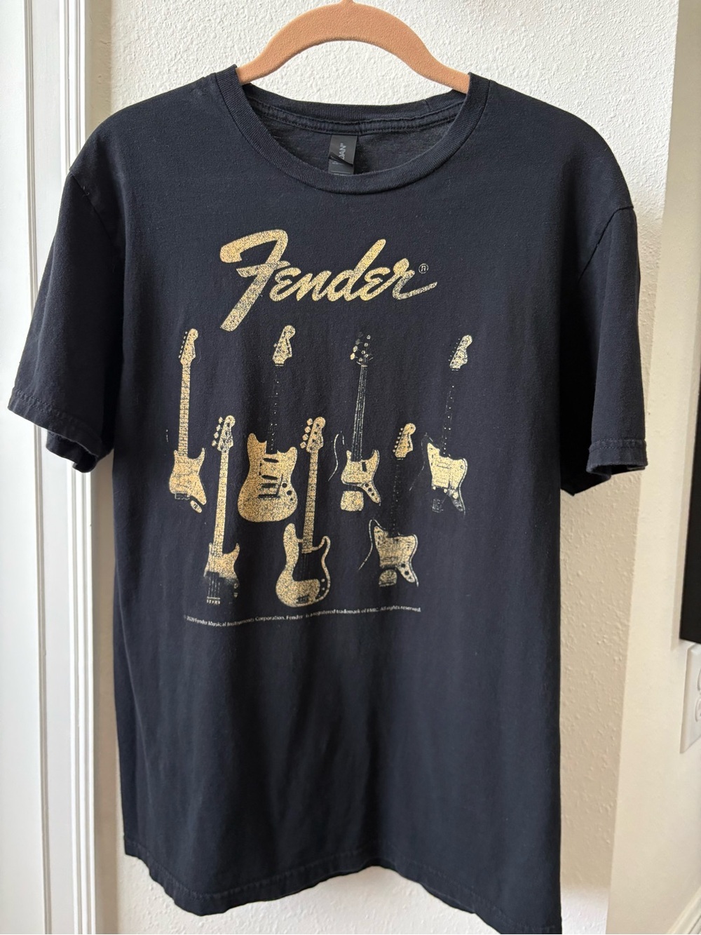 Fender Black Short Sleeve Tee with Gold Bass Guitar Print
